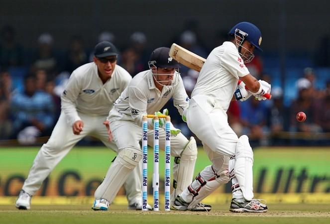 Gautam Gambhir plays a shot through the offside during his 29-run stay at the crease on day one of the third Test match, October 8, 2016 Gautam Gambhir India New Zealand