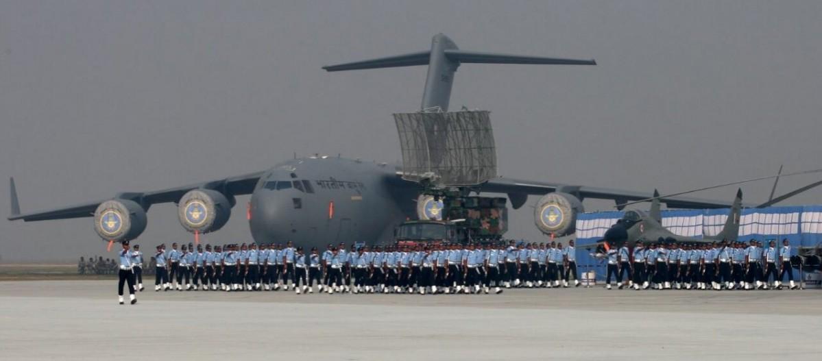 Indian Air Force soldiers during parade at Hindon Air Base in Ghaziabad. Air Force Day