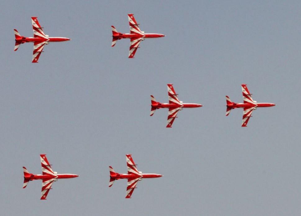 Suryakirans of the IAF performing during the 84th Air Force Day at Hindon Air Base in Ghaziabad. Air Force Day