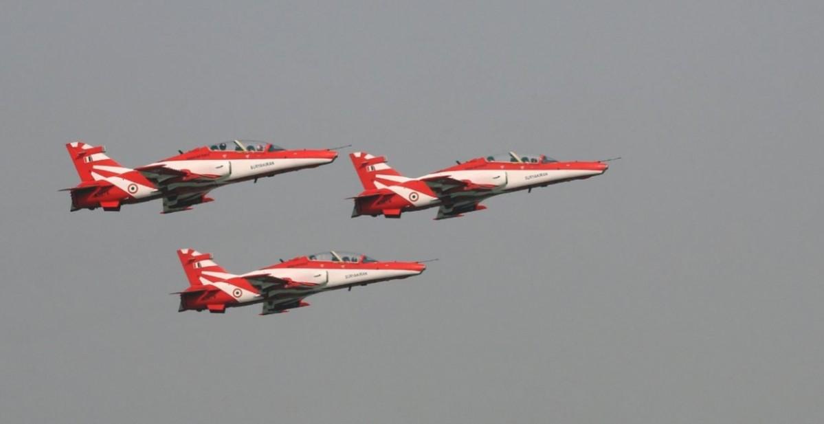 Suryakirans of the IAF performing during the 84th Air Force Day at Hindon Air Base in Ghaziabad. Indian Air Force