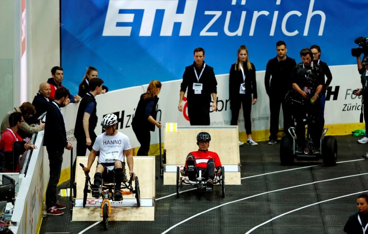 Hanno Voigt (L) of Germany and Julien Jouffroy of Switzerland start during the Functional Electrical Stimulation Bike Race at the Cybathlon Championships in Kloten, Switzerland October 8, 2016. CYBATHLON