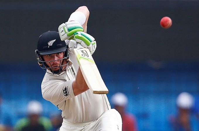 New Zealand opener Martin Guptill plays a shot straight down the ground during his half-century against India on Day 3 of the third Test match, October 10, 2016 Martin Guptill New Zealand