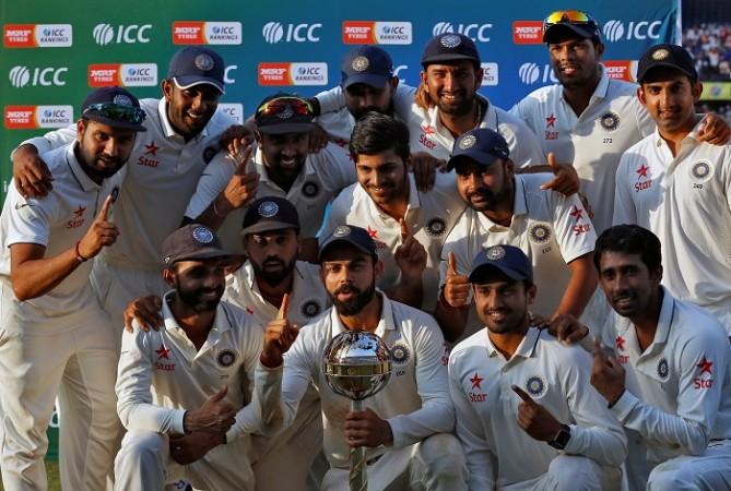 India players pose with the No.1 ranking Test mace India Test mace