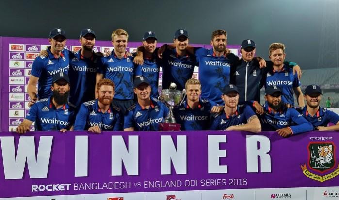 England players pose with the trophy after clinching the ODI series against Bangladesh, October 12, 2016 England Bangladesh series