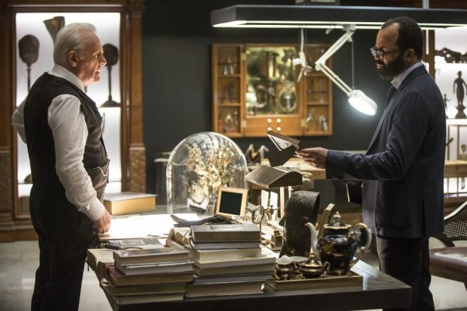 Anthony Hopkins and Jeffrey Wright as Dr. Ford and Bernard Lowe in a still from Westworld. Westworld