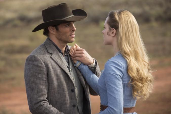 James Marsden and Evan Rachel Wood as Teddy and Dolores in a still from Westworld. Westworld