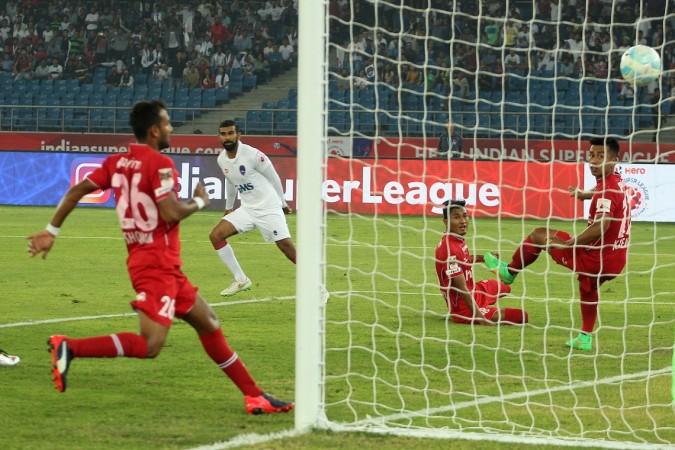 Kean Lewis of Delhi Dynamos scores against NorthEast at Nehru Stadium Delhi isl