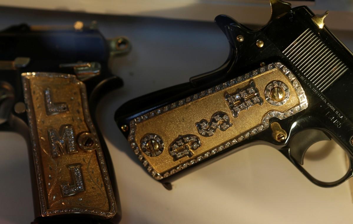 Guns decorated with gold and jewellery are displayed in the Drugs Museum, used by the military to showcase to soldiers the lifestyles of Mexican drug lords, at the headquarters of the Ministry of Defense in Mexico City, October 14, 2016. Drugs Museum