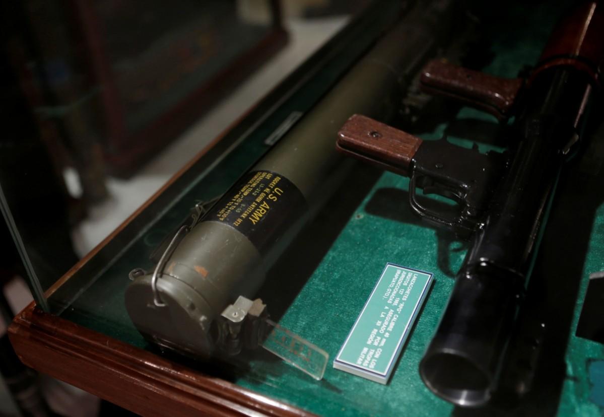A rocket 66MM Antitank M72 (L) is displayed in the Drugs Museum, used by the military to showcase to soldiers the lifestyles of Mexican drug lords, at the headquarters of the Ministry of Defense in Mexico City, October 14, 2016. Drugs Museum