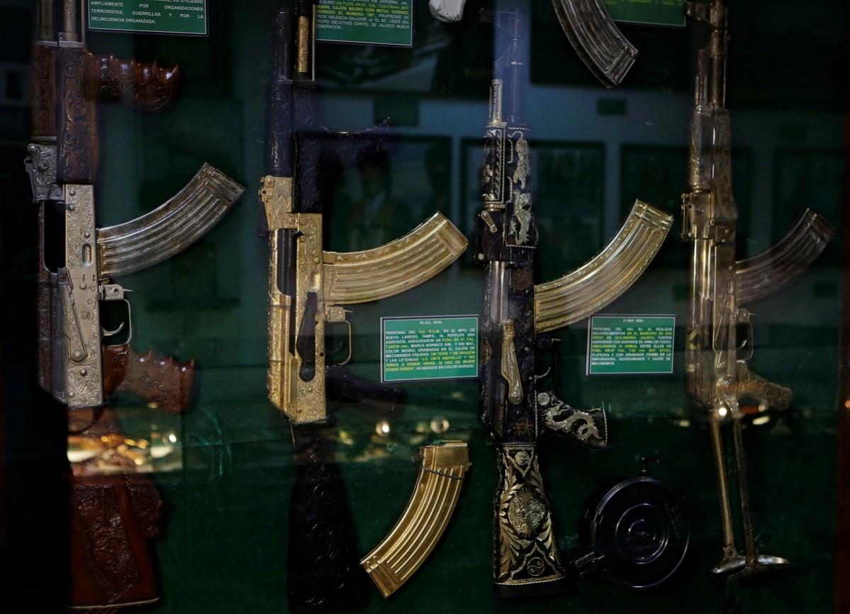 Guns decorated with gold are displayed in the Drugs Museum, used by the military to showcase to soldiers the lifestyles of Mexican drug lords, at the headquarters of the Ministry of Defense in Mexico City, October 14, 2016. Drugs Museum