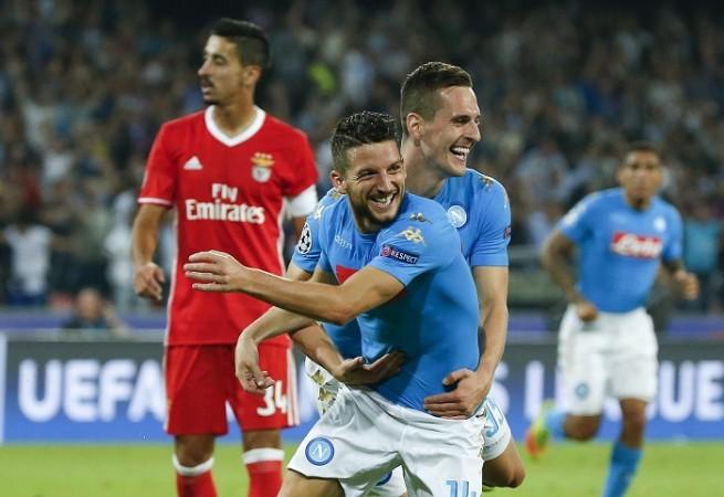 Napoli attackers Dries Mertens and Arkadiusz Milik celebrate a goal against Benfica, September 28, 2016 Dries Mertens Arkadiusz Milik Napoli