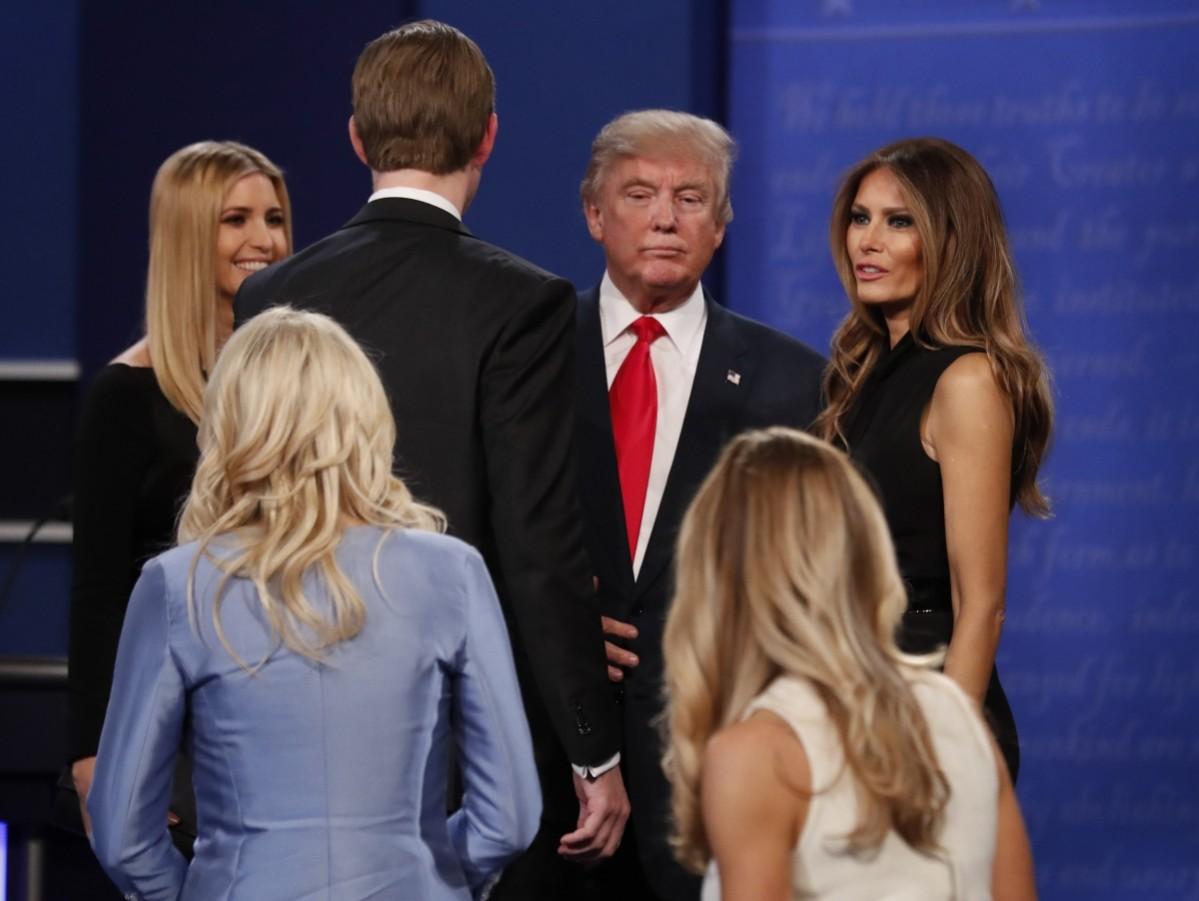 Republican U.S. presidential nominee Donald Trump, his daughter Ivanka (L), son Eric and wife Melania speak after the third and final 2016 presidential campaign debate at UNLV in Las Vegas, Nevada, U.S., October 19, 2016. US Debate