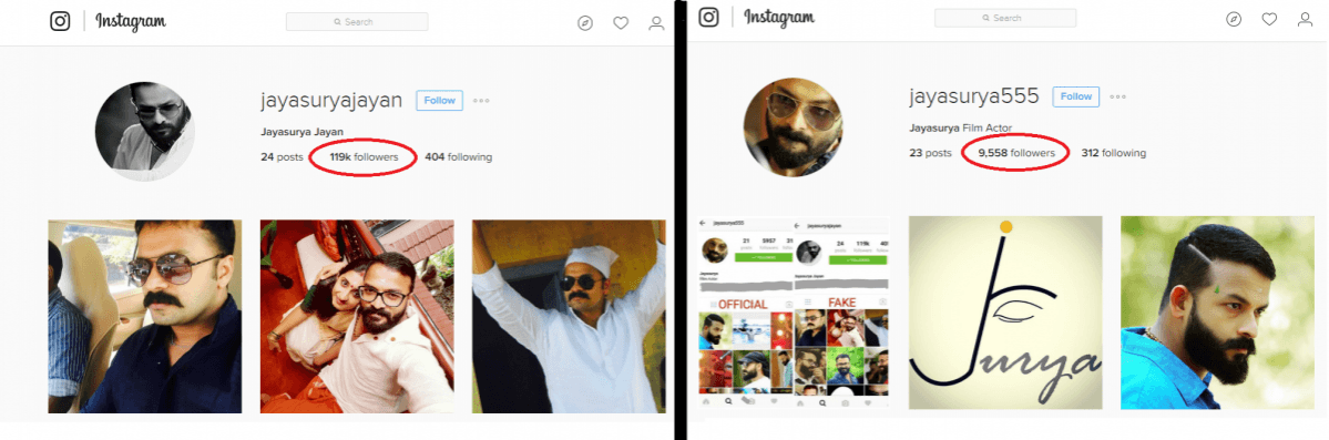 Jayasurya's fake and original accounts on Instagram. Jayasurya Instagram