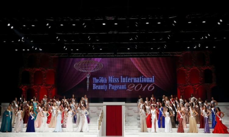 Contestants wearing evening dresses pose during the 56th Miss International Beauty Pageant in Tokyo, October 27, 2016. Miss International 2016