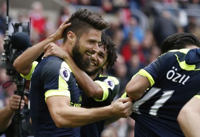 Olivier Giroud is pleased as punch after scoring two goals for Arsenal in their Premier League game against Sunderland, October 29, 2016 Olivier Giroud Arsenal Elneny