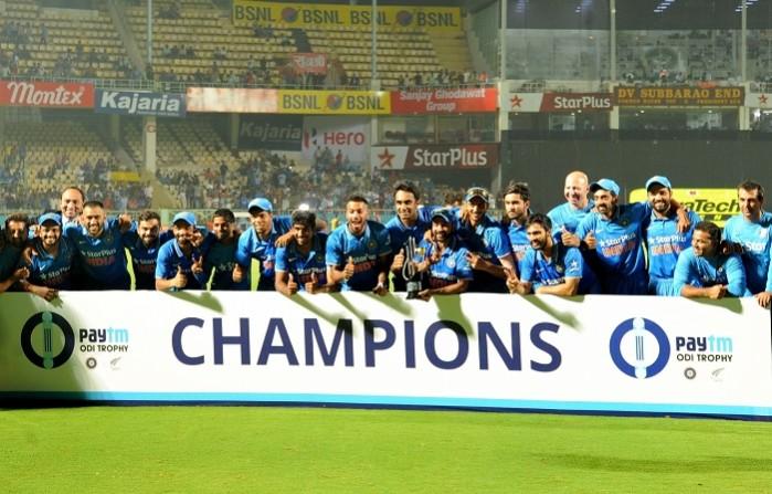 India players pose with the trophy after clinching the ODI series over New Zealand India New Zealand trophy