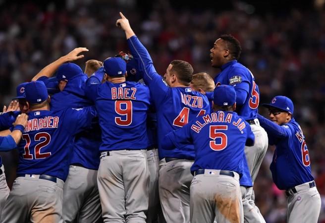 Chicago Cubs players celebrate after winning the World Series title. Chicago Cubs