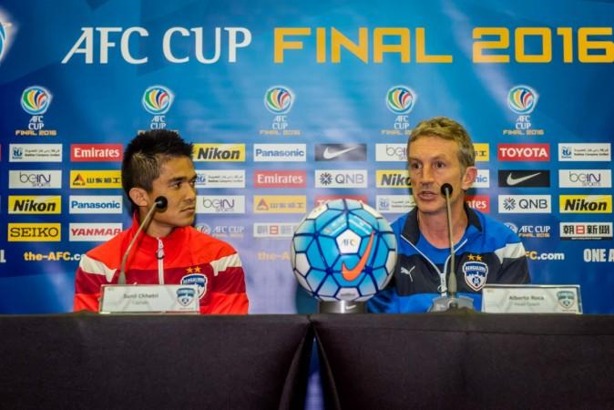 India football team skipper Sunil Chhetri with Bengaluru FC coach Albert Roca during the press conference bengaluru fc