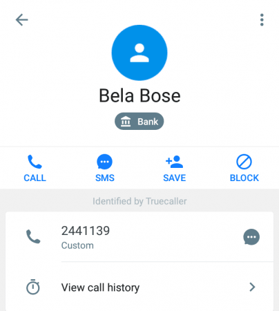 Truecaller screenshot shows the number 2441139 belongs to Bela Bose. Screenshot