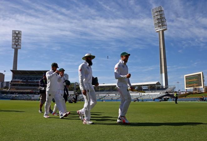 South Africa's team captain Faf du Plessis reacts as he walks off the ground as he celebrates with team mates after defeating Australia at the WACA Ground in Perth. australia vs south africa