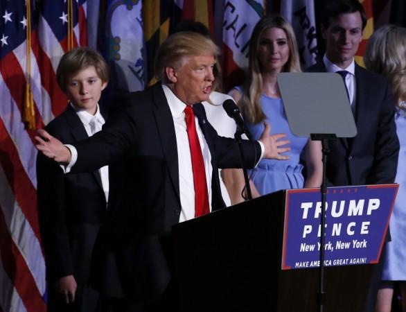 Republican U.S. presidential nominee Donald Trump is flanked by members of his family as he addresses supporters at his election night rally in Manhattan, New York, U.S., November 9, 2016. donald trump