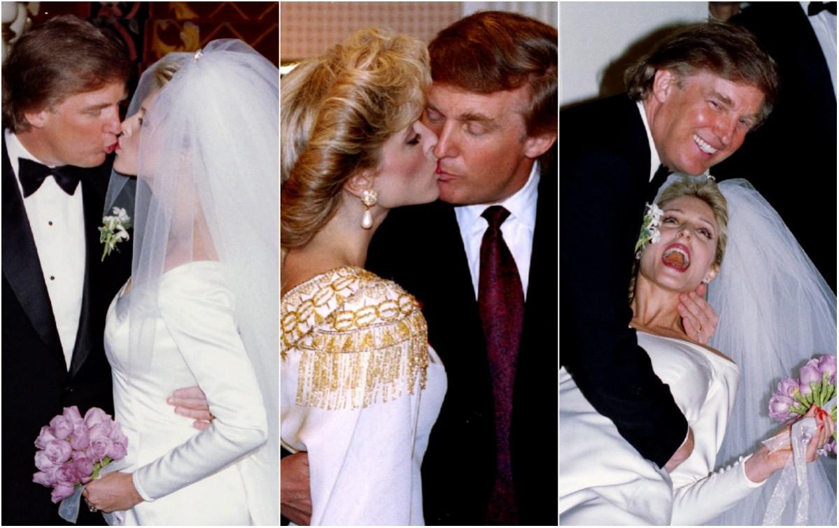 (Left and Right) Developer Donald Trump with his new bride Marla Maples after their wedding at the Plaza hotel in New York December 20. The bride wore a borrowed $2 million, 325 diamond tiara. (Center) Donald Trump and his actress-model girlfriend Marla Maples. Donald Trump