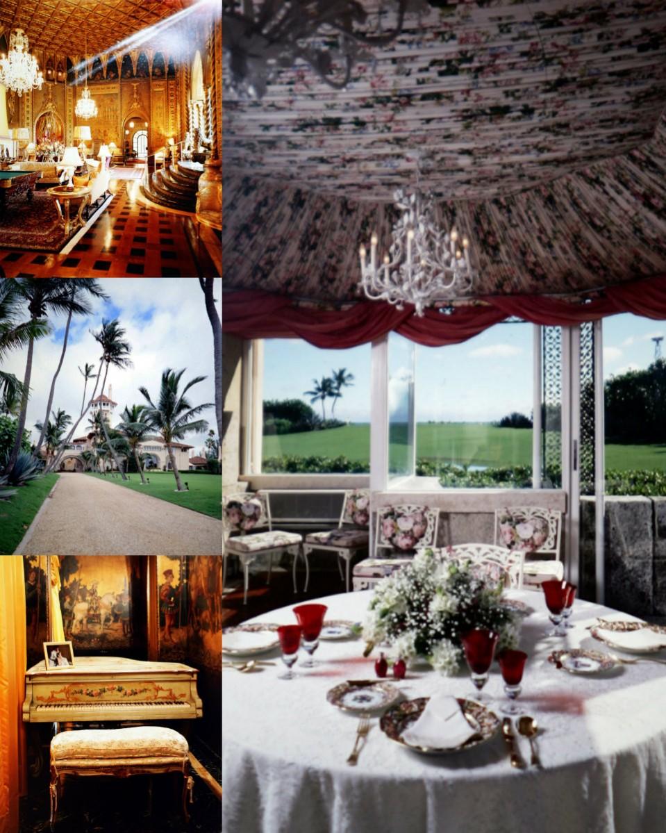 (L to R) Interior photo of of the lavish West Palm Beach mansion Mar-A-Lago, a 1995 exterior photo of the mansion, an interior photo of a Steinway piano in the sitting parlor and an interior photo of the breakfast area overlooking the front lawn at the mansion. Donald Trump