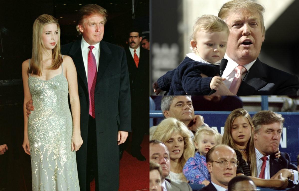 (L to R) Donald Trump talks with his former wife Ivana Trump during the men's final at the U.S. Open September 7, Trump with his son Barron and Marla Maples, and Trump with their family at the US. Donald Trump