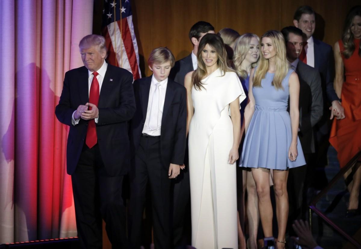 U.S. President-elect Donald Trump, his wife Melania, daughter Ivanka, son Barron and other family members greet supporters during his election night rally in Manhattan, New York, U.S., November 9, 2016. Donald Trump