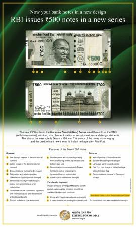 The features of the new Rs 500 currency note, as released by the RBI. Rs 500