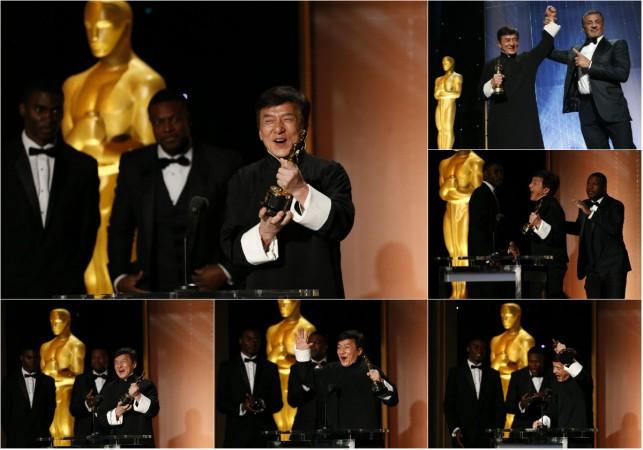 Jackie Chan reacts as he accepts his Honorary Award at the 8th Annual Governors Awards in Los Angeles, California, US, November 12, 2016. (Top Right) Jackie Chan is congratulated by fellow actor Sylvester Stallone (R) for the award. Jackie Chan