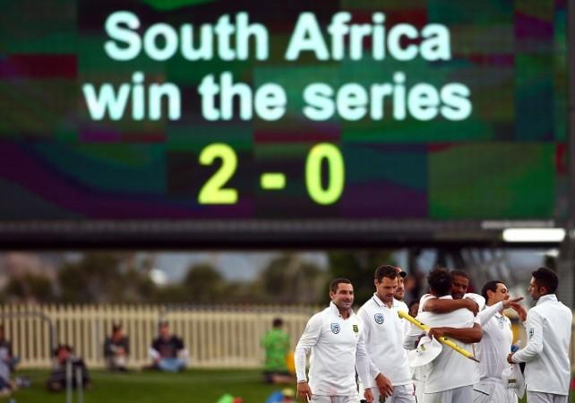South Africa players celebrate their innings win over Australia as the big screen sums it all up, November 15, 2016 South Africa Australia