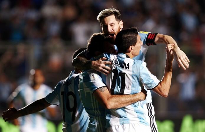 Argentina forward Lionel Messi celebrates with teammates Lucas Pratto and Angel Di Maria after a goal against Colombia in their World Cup qualifier, November 15, 2016 Lionel Messi Argentina Di Maria
