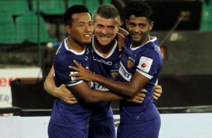 Chennaiyin FC players celebrate after scoring the opening goal against Pune, November 15, 2016 Jeje Chennaiyin FC