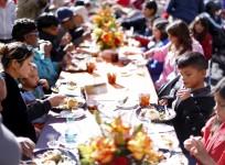 Thanksgiving meal is served to the homeless at the Los Angeles Mission in Los Angeles, California.