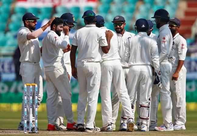 India spinner Ravindra Jadeja celebrates with his teammates after dismissing England left-hander Moeen Ali on day five of the second Test match, November 21, 2016 Ravindra Jadeja India England