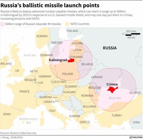 Map showing range of Russia's missiles if they were located in Kaliningrad and Crimea. Russia deploys N-capable missiles on its Eastern border