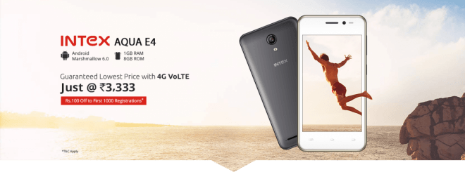 Intex Aqua E4 with 4G VoLTE launched at Rs. 3,333