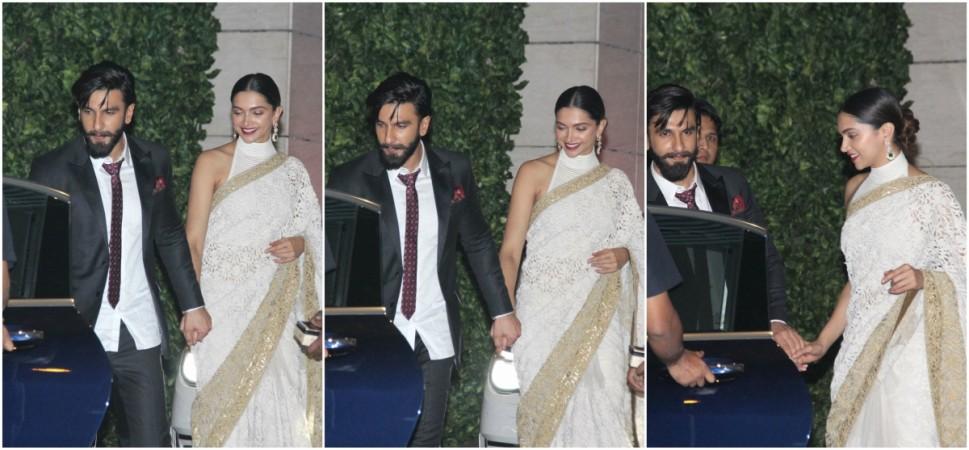 Pictured: Ranveer Singh, Deepika Padukone exiting pre-wedding party of Mukesh and Nita Ambani's niece Isheta at Antilla on 24 November. Ranveer Singh, Deepika Padukone