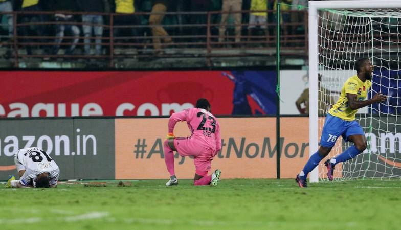 Kerala Blasters' Duckens Nazon celebrates after scoring the first goal of the match on Friday kerala blasters