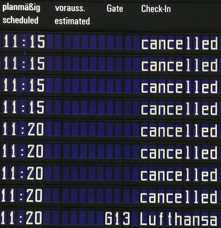 A flight information board showing cancelled flights during a pilots strike of German airline Lufthansa at Munich airport, Germany, November 23, 2016. Lufthansa pilots strike