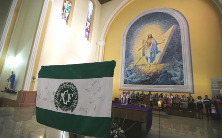 A flag of the Chapecoense football team is displayed during a mass at the Santo Antonio Cathedral in Chapeco, Brazil, November 29 2016. chapecoense