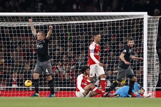 Southampton midfielder Jordy Clasie celebrates after scoring the opening goal against Arsenal in the EFL Cup, November 30, 2016 Jordy Clasie Southampton Elneny Gibbs Arsenal