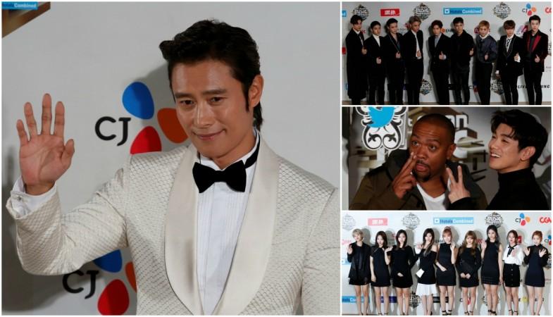 (L to R) South Korean actor Lee Byung-hun, K-pop band EXO, Timbaland with Korean-American singer Eric Nam and members of South Korean K-pop band Twice pose on the red carpet during Mnet Asian Music Awards (MAMA) in Hong Kong, China December 2, 2016. Mnet Asian Music Awards 2016