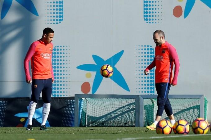 Neymar and Andres Iniesta during a training session for Barcelona, December 2, 2016 Neymar Andres Iniesta Barcelona