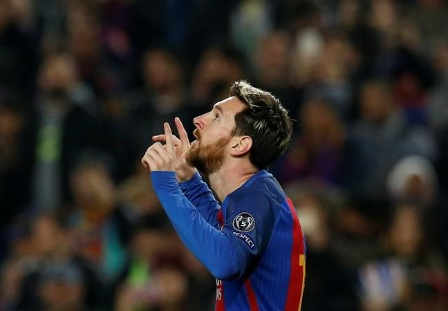 Barcelona forward Lionel Messi celebrates after scoring his tenth goal of the group stages this season, one short of the record held by Cristiano Ronaldo Barcelona Lionel Messi