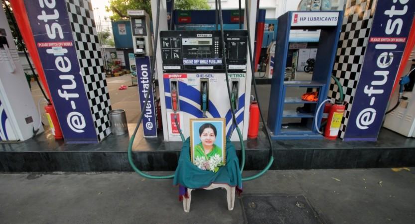 A portrait of Jayalalithaa kept at a petrol pump in Chennai on Dec 6, 2016. amma jayalalithaa dead apollo hospital tn chief minister india inc tributes homage dead passes away tamil nadu industry business