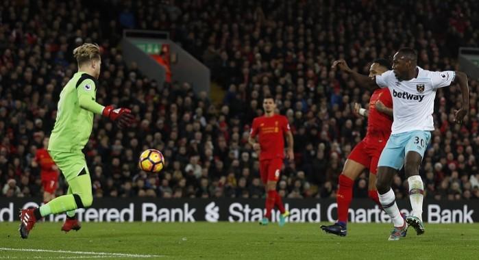 Michail Antonio scores the second goal for West Ham past Liverpool goalkeeper Loris Karius, December 11, 2016 Loris Karius Nathaniel Clyne Liverpool Michail Antonio West Ham