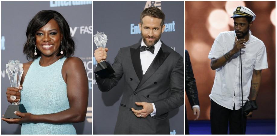(Left and centre): Actress, Viola Davis and Actor Ryan Reynolds pose backstage with their awards during the 22nd Annual Critics' Choice Awards in Santa Monica, California. (Right) Actor Keith Stanfield, from the comedy Critics' Choice Awards