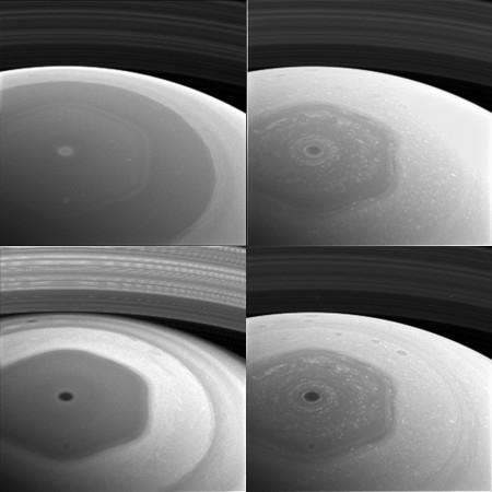 This collage of images from NASA's Cassini spacecraft shows Saturn's northern hemisphere and rings as viewed with four different spectral filters. Each filter is sensitive to different wavelengths of light and reveals clouds and hazes at different altitudes. Saturn's northern hemisphere